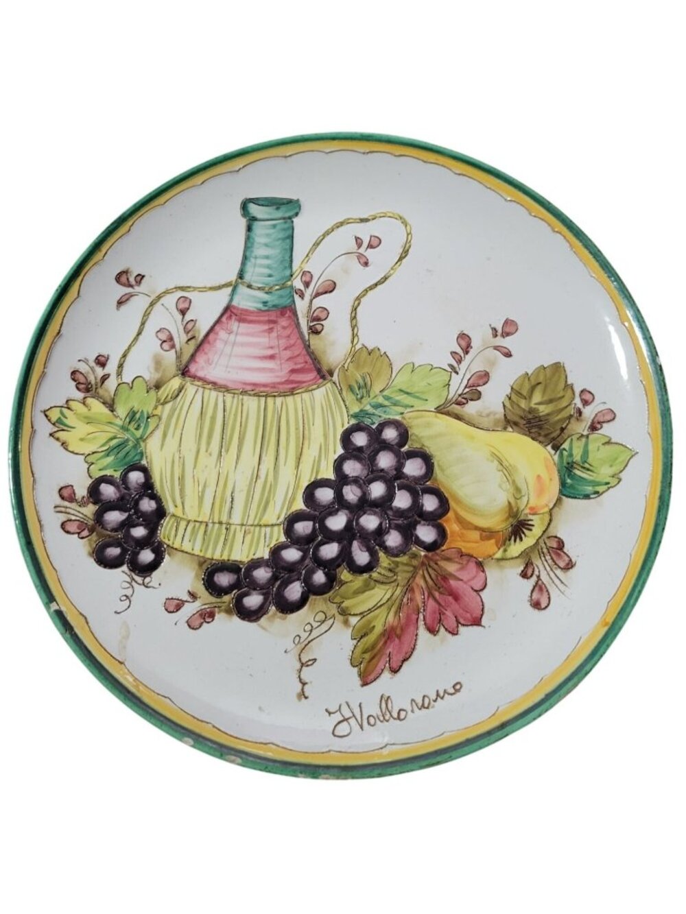 Vtg Italian Hand-Painted Decorative Plate By Vallorano Wine Grapes Wire Hanger
